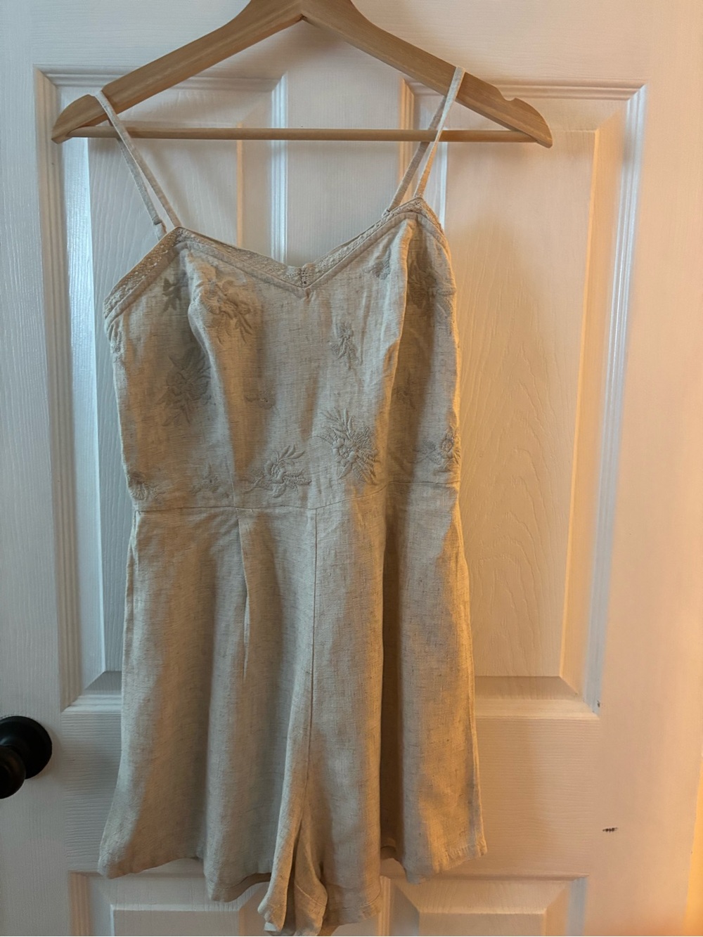 Linen-Blend Cream Romper with Embroidered Detail